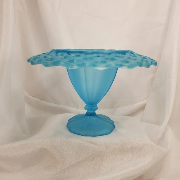 Tiffin Other - VTG Tiffin Compote Bowl Open Works #310 Blue Satin Frosted Glass  MCM Art Deco